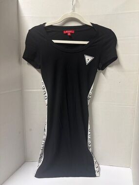 GUESS Black Short Sleeve Logo-Trim Dress with White Side Panels